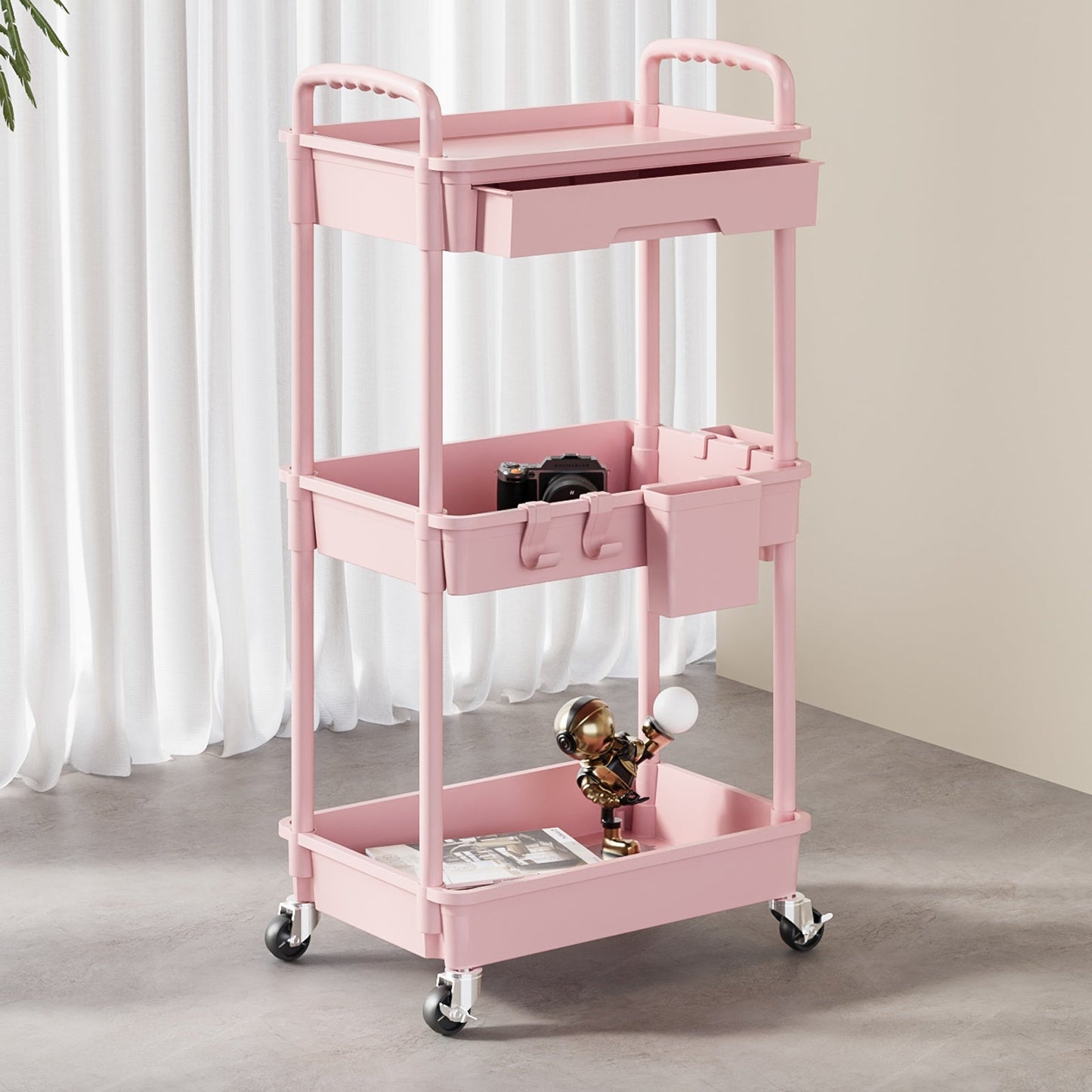 Rolling Utility Cart shown in the pink, 3 Tier option
