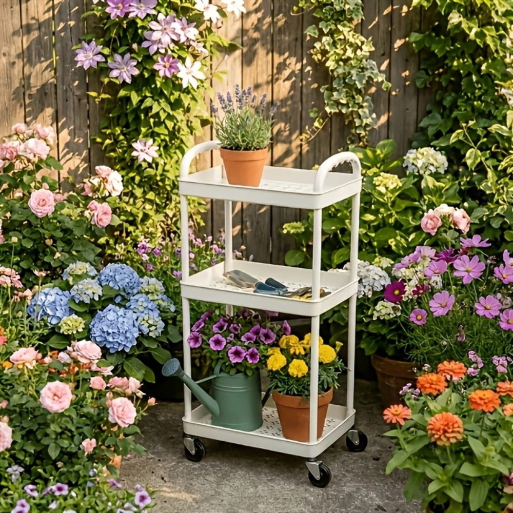 Storage Cart, 3-Tier Rolling with 360° Swivel Wheels - White Mobile Utility Cart Organizer shown in the main product view