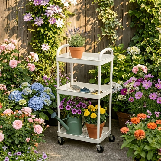 Storage Cart, 3-Tier Rolling with 360° Swivel Wheels - White Mobile Utility Cart Organizer shown in the main product view