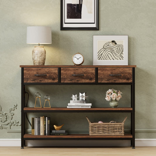 Console Table, 3-Tier with Charging Station 2 AC Outlets 2 USB Ports Fabric Drawers Open shown in the main product view