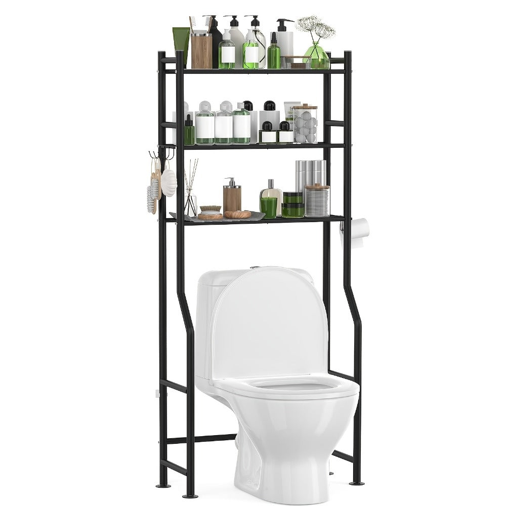 Over the Toilet Storage Shelf, 3-Tier Metal Organizer with 4 Hooks, Freestanding No-Drill shown in the main product view