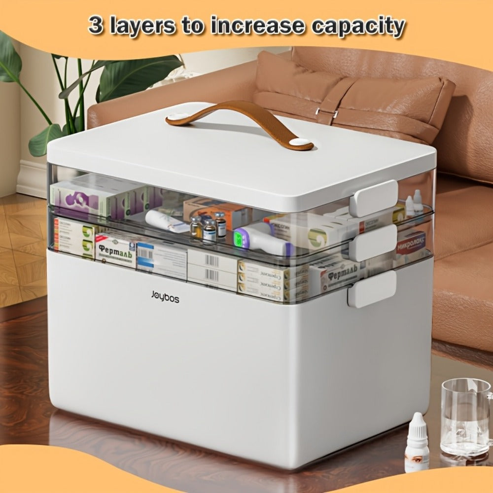 Medicine Cabinet, 3-Tier Portable with Leather Handle, BPA-Free Plastic First Aid Kit shown in the main product view