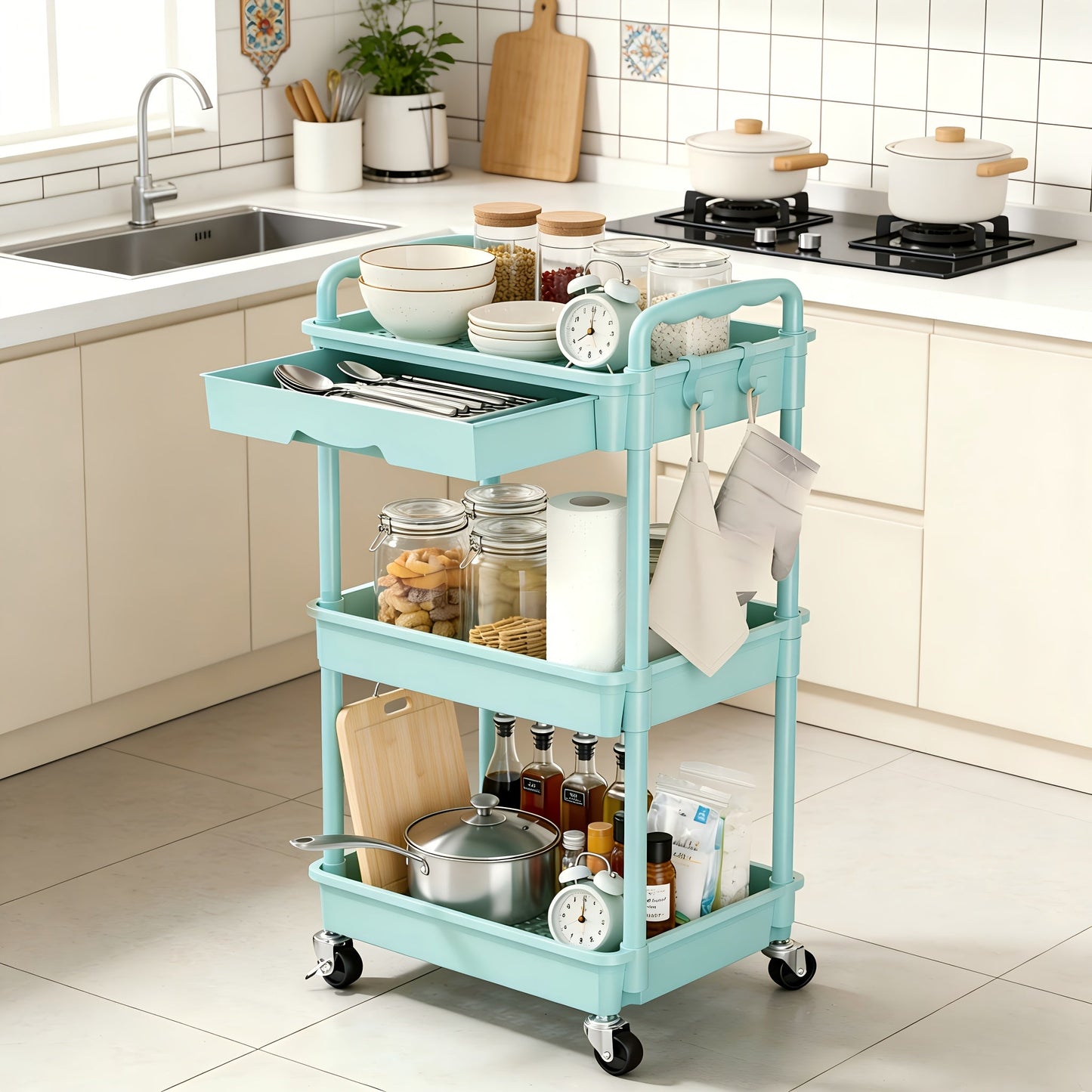 Rolling Utility Cart shown in the Blue, 3 Tiers option