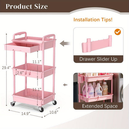 3-Tier Plastic Rolling Utility Cart for Living Room and Bedroom detail image - detail view 6