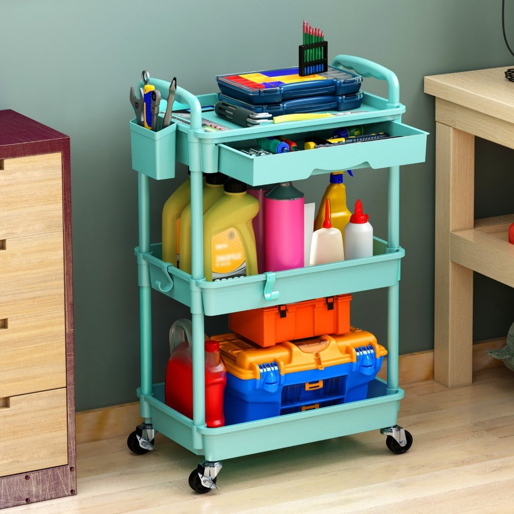 Rolling Utility Cart, 3-Tier with Drawer & Lockable Wheels - Plastic Storage Organizer shown in the main product view