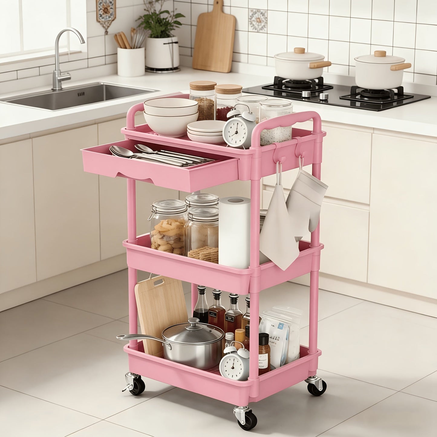 Rolling Utility Cart shown in the pink, 3 Tiers option