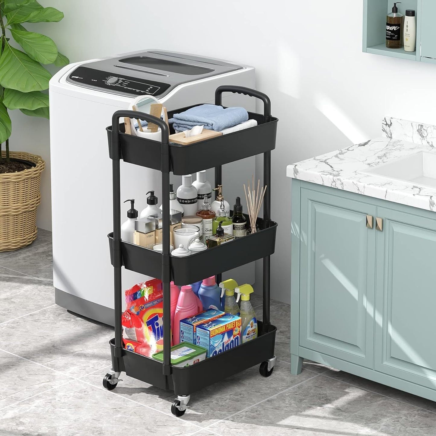 3-Tier Plastic Rolling Utility Cart with Carry Handle for Organized Everyday Storage detail image - detail view 11