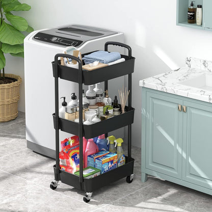 3-Tier Plastic Rolling Utility Cart with Carry Handle for Organized Everyday Storage detail image - detail view 11