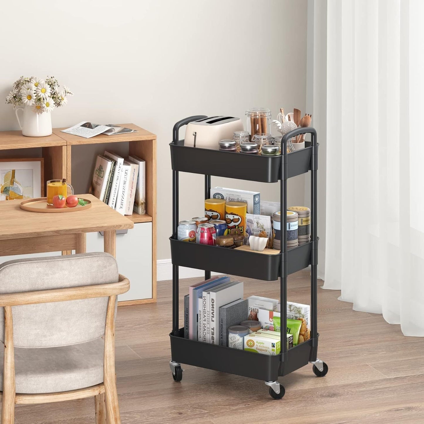 3-Tier Plastic Rolling Utility Cart with Carry Handle for Organized Everyday Storage detail image - detail view 12