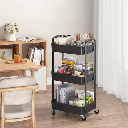 3-Tier Plastic Rolling Utility Cart with Carry Handle for Organized Everyday Storage detail image - detail view 12