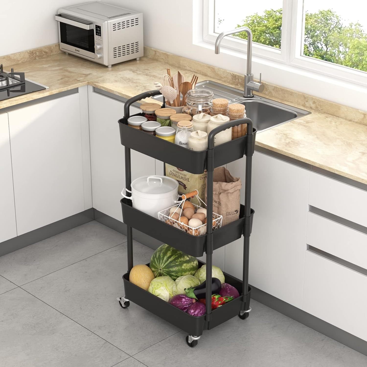 3-Tier Plastic Rolling Utility Cart with Carry Handle for Organized Everyday Storage detail image - detail view 13