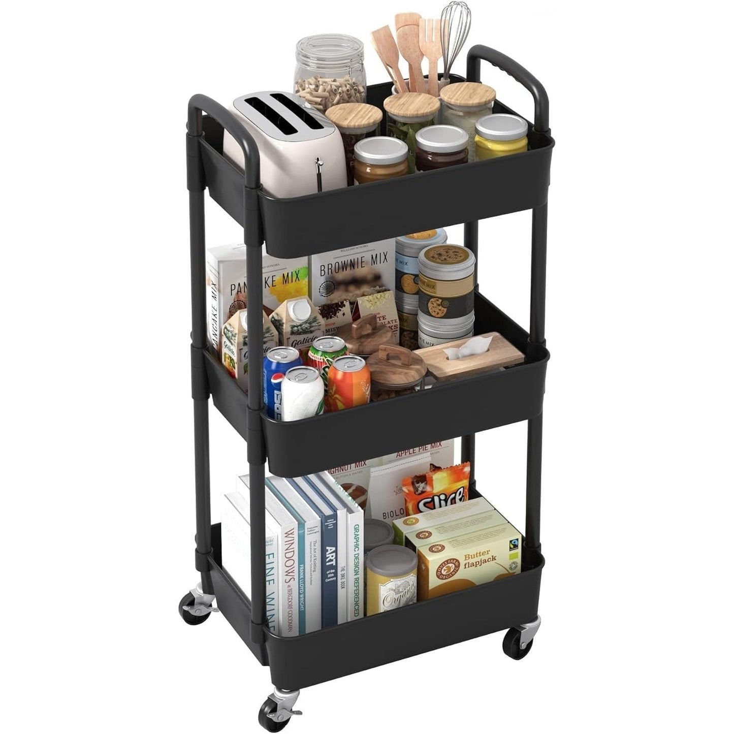 3-Tier Plastic Rolling Utility Cart with Carry Handle for Organized Everyday Storage detail image - detail view 14