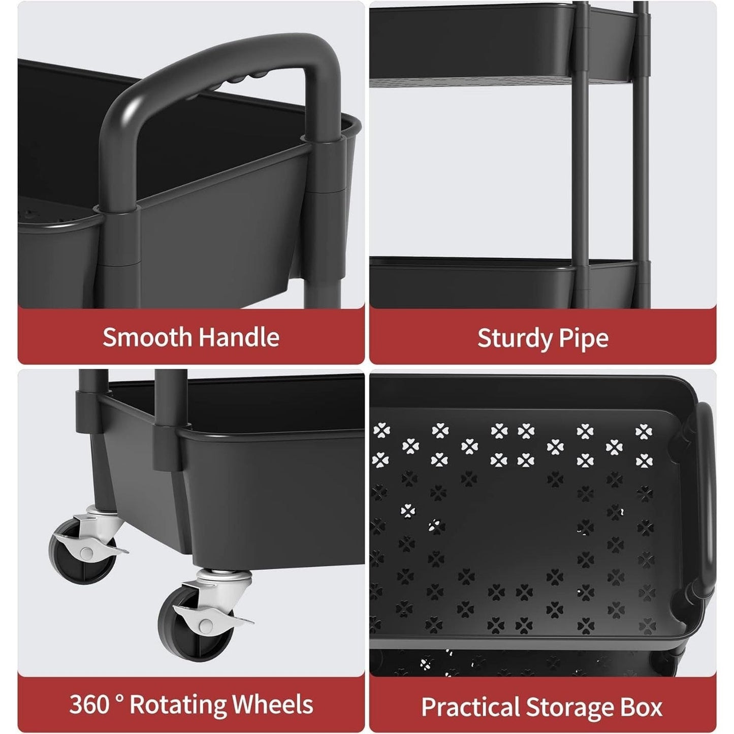 3-Tier Plastic Rolling Utility Cart with Carry Handle for Organized Everyday Storage detail image - detail view 15