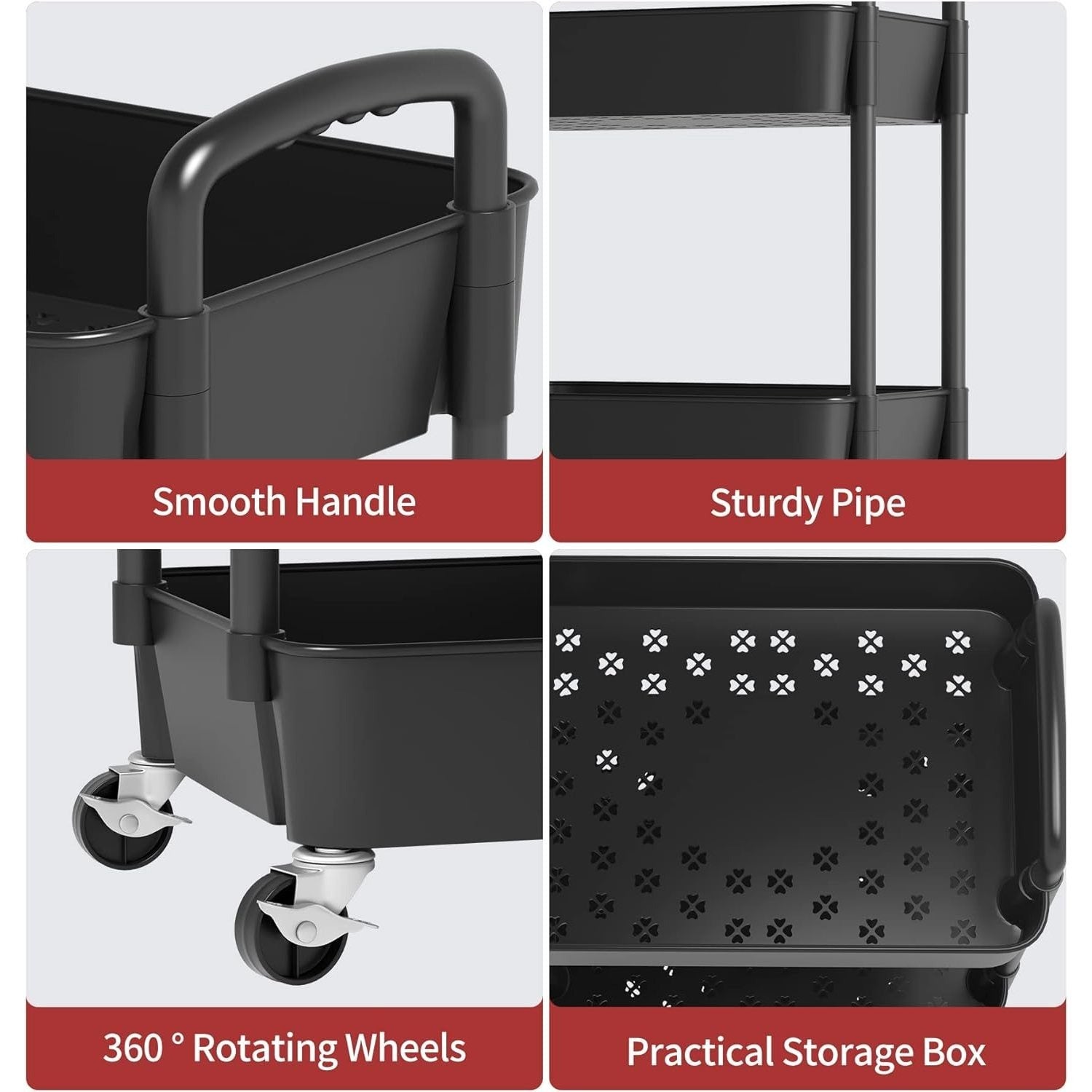 3-Tier Plastic Rolling Utility Cart with Carry Handle for Organized Everyday Storage detail image - detail view 15
