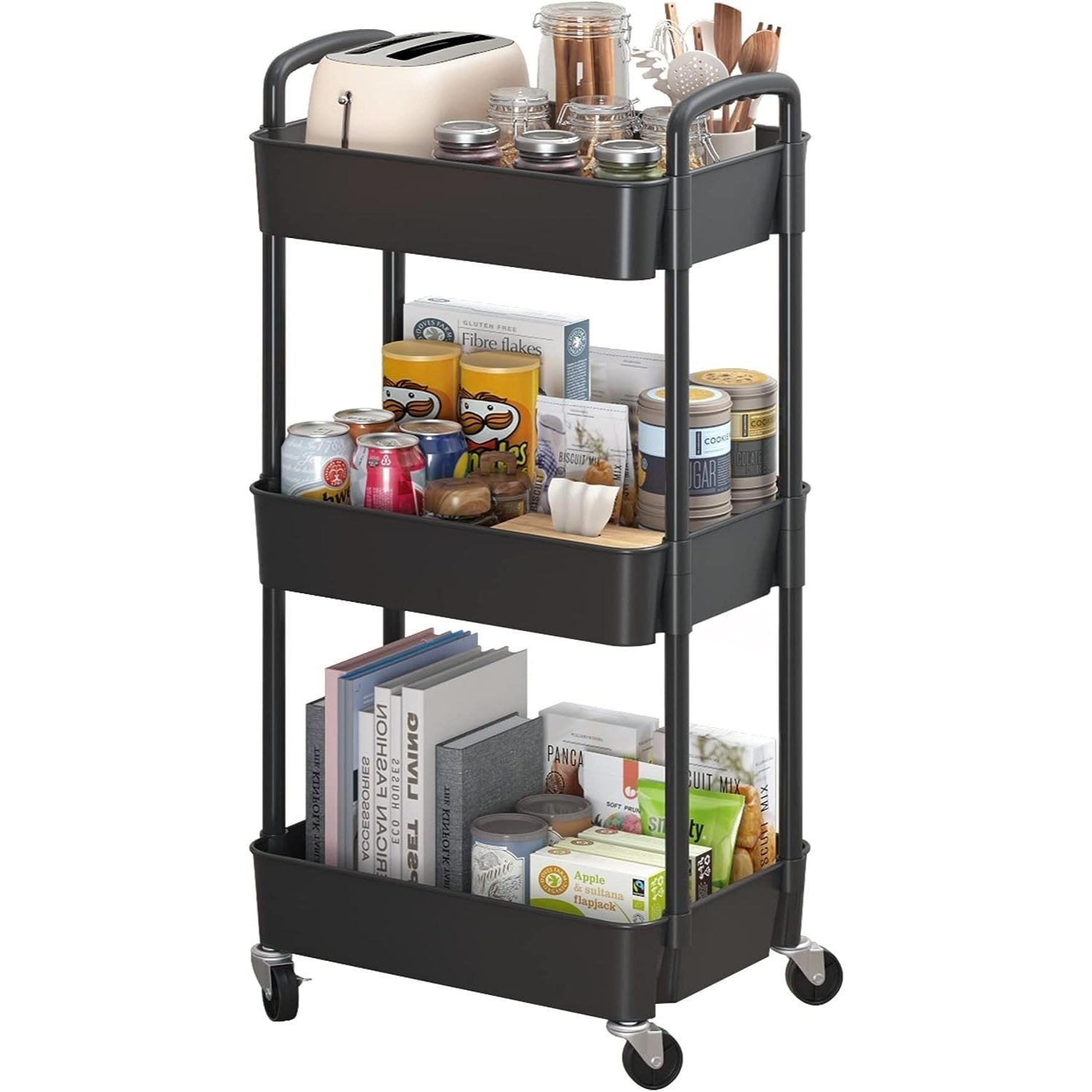 3-Tier Plastic Rolling Utility Cart with Carry Handle for Organized Everyday Storage detail image - detail view 17