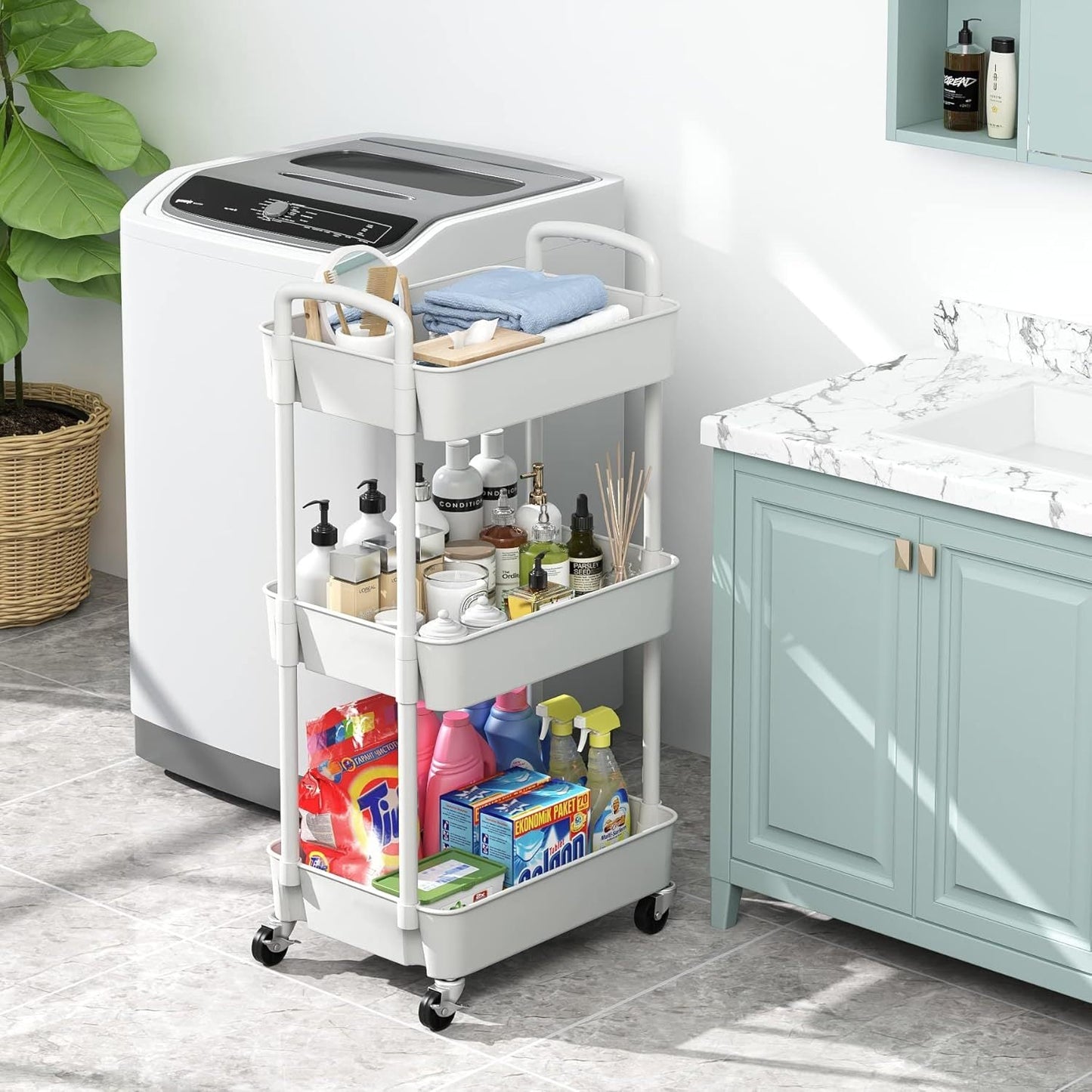 3-Tier Plastic Rolling Utility Cart with Carry Handle for Organized Everyday Storage detail image