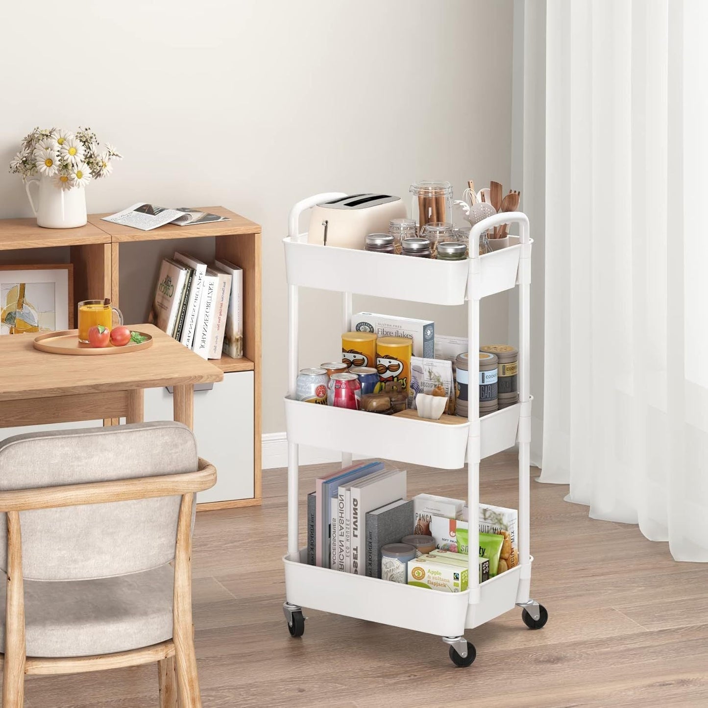 3-Tier Plastic Rolling Utility Cart with Carry Handle for Organized Everyday Storage detail image - detail view 5