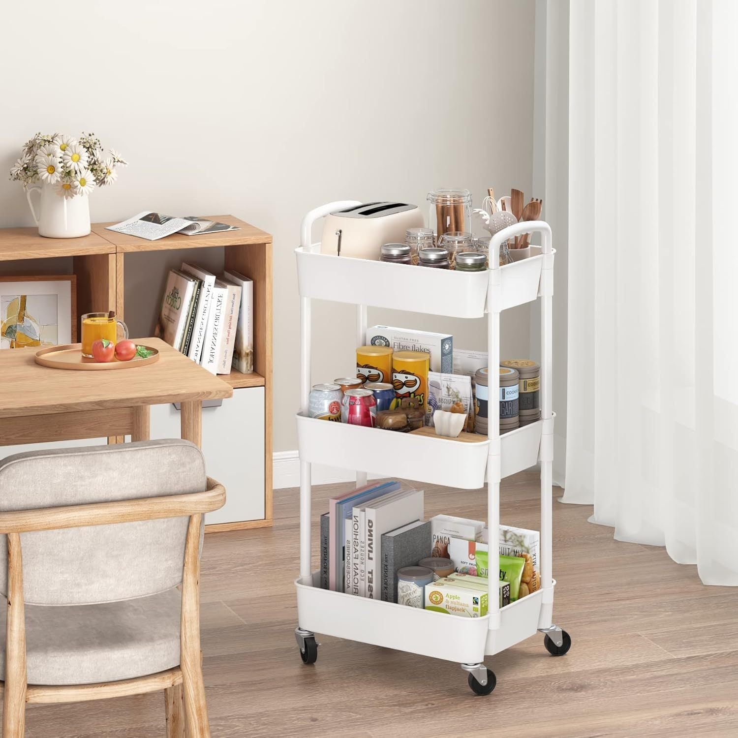 3-Tier Plastic Rolling Utility Cart with Carry Handle for Organized Everyday Storage detail image - detail view 5