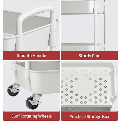 3-Tier Plastic Rolling Utility Cart with Carry Handle for Organized Everyday Storage detail image - detail view 6