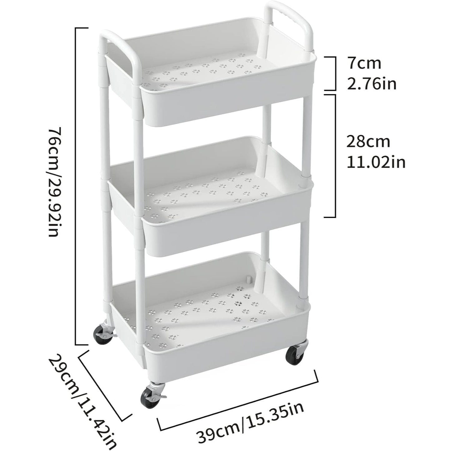 3-Tier Plastic Rolling Utility Cart with Carry Handle for Organized Everyday Storage detail image - detail view 7