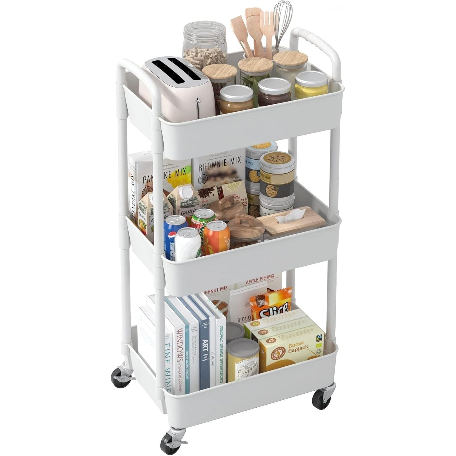 3-Tier Plastic Rolling Utility Cart with Carry Handle for Organized Everyday Storage detail image - detail view 9