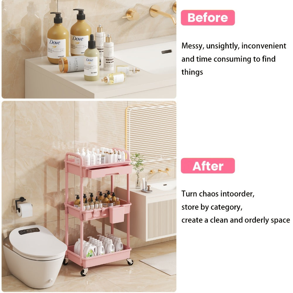 3-Tier Rolling Storage Cart with Storage Drawers and Locking Wheels for Living Room detail image - detail view 12