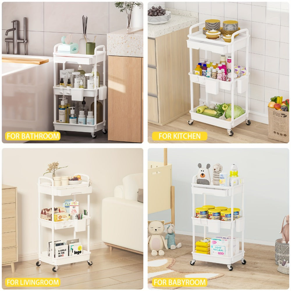 3-Tier Rolling Storage Cart with Storage Drawers and Locking Wheels for Living Room detail image - detail view 13