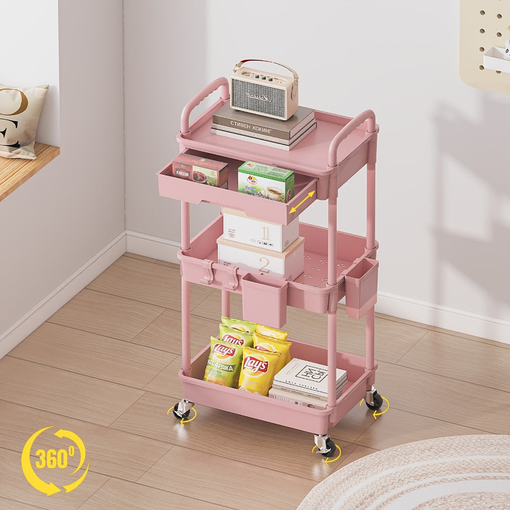 3-Tier Rolling Storage Cart with Storage Drawers and Locking Wheels for Living Room detail image