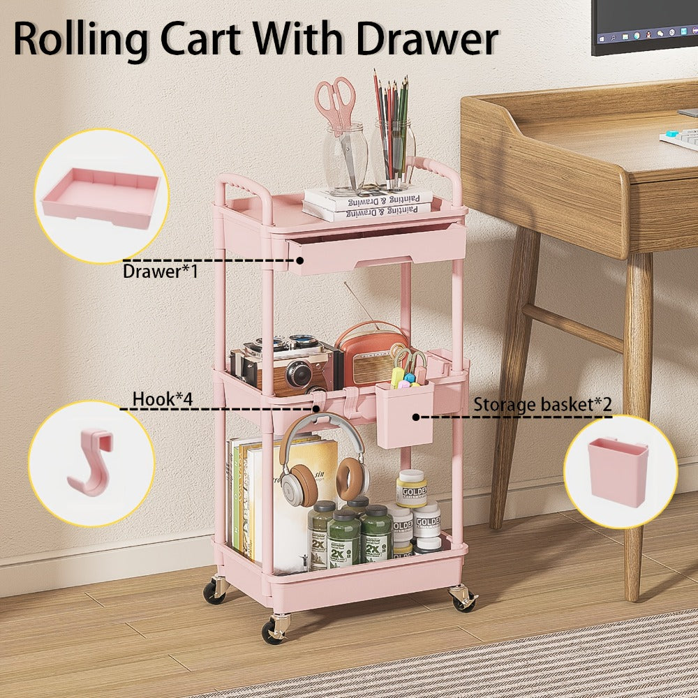 Rolling Storage Cart, 3-Tier Rolling Cart with Drawers Lockable Wheels Cup Holder Hooks shown in the main product view