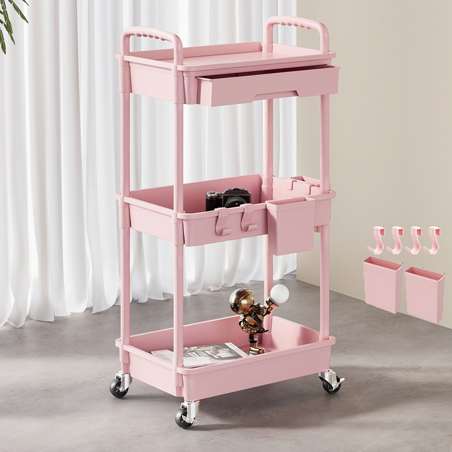 Rolling Storage Cart shown in the pink, 3 Tier option