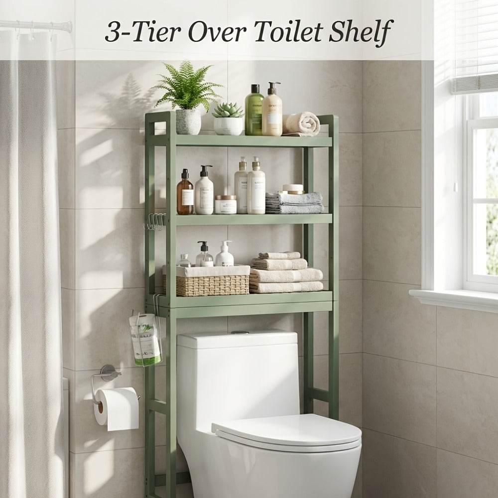 Over The Toilet Shelf, Unit 3 Tier Adjustable Rust Resistant Bamboo MDF, Space-Saving shown in the main product view
