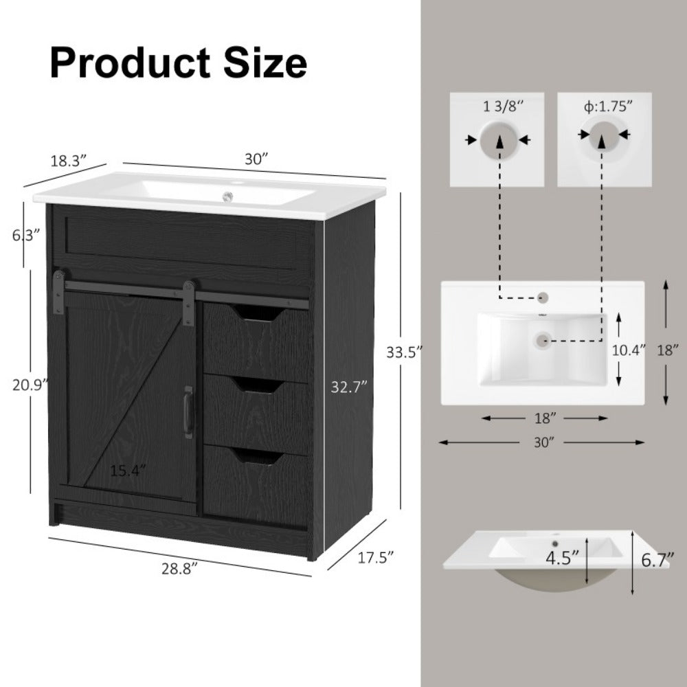 30-Inch Solid Wood Bathroom Vanity with Sliding Doors and Large-Capacity Storage detail image - detail view 15