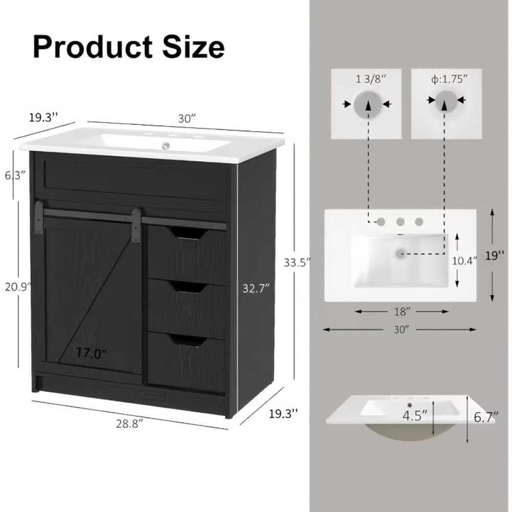 30-Inch Solid Wood Bathroom Vanity with Sliding Doors and Large-Capacity Storage detail image - detail view 3