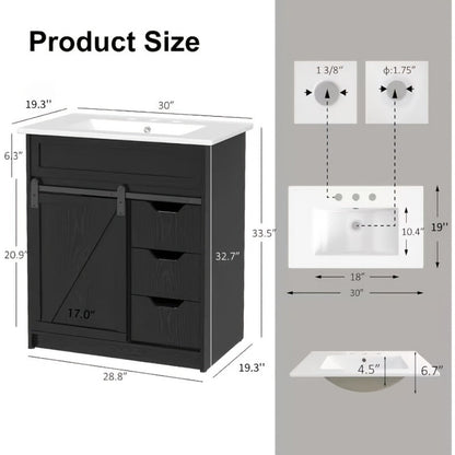 30-Inch Solid Wood Bathroom Vanity with Sliding Doors and Large-Capacity Storage detail image - detail view 3