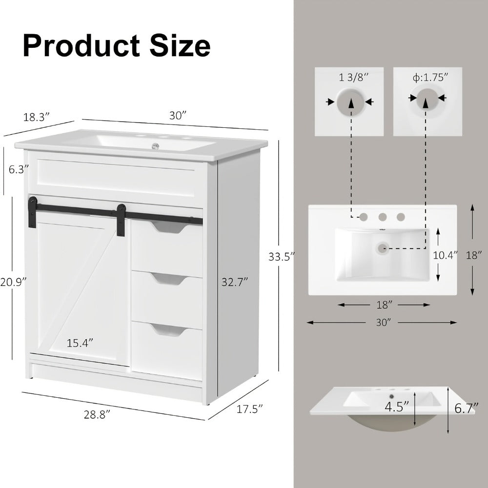 30-Inch Solid Wood Bathroom Vanity with Sliding Doors and Large-Capacity Storage detail image - detail view 5