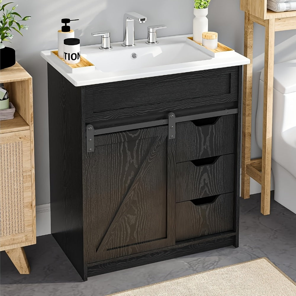 30-Inch Solid Wood Bathroom Vanity with Sliding Doors and Large-Capacity Storage detail image - detail view 7