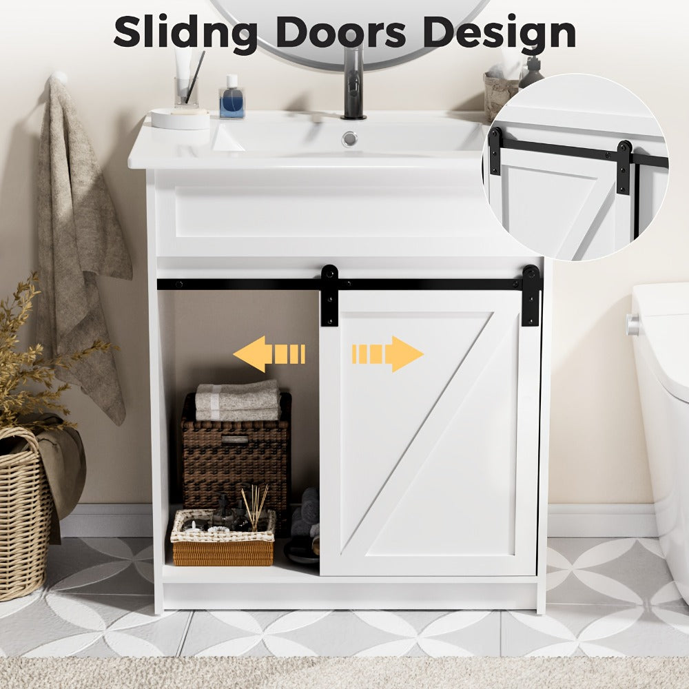 30-Inch Solid Wood Bathroom Vanity with Sliding Doors and Large-Capacity Storage detail image - detail view 8