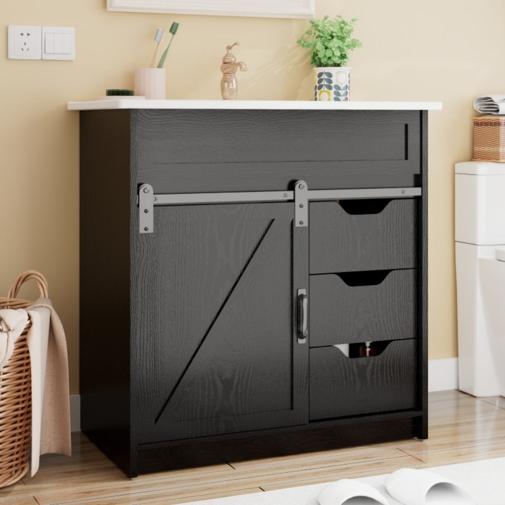 Bathroom Vanity, 30 Inch Cottage Style with Sink - Solid Wood Cabinet 3 Drawers Barn Door shown in the main product view