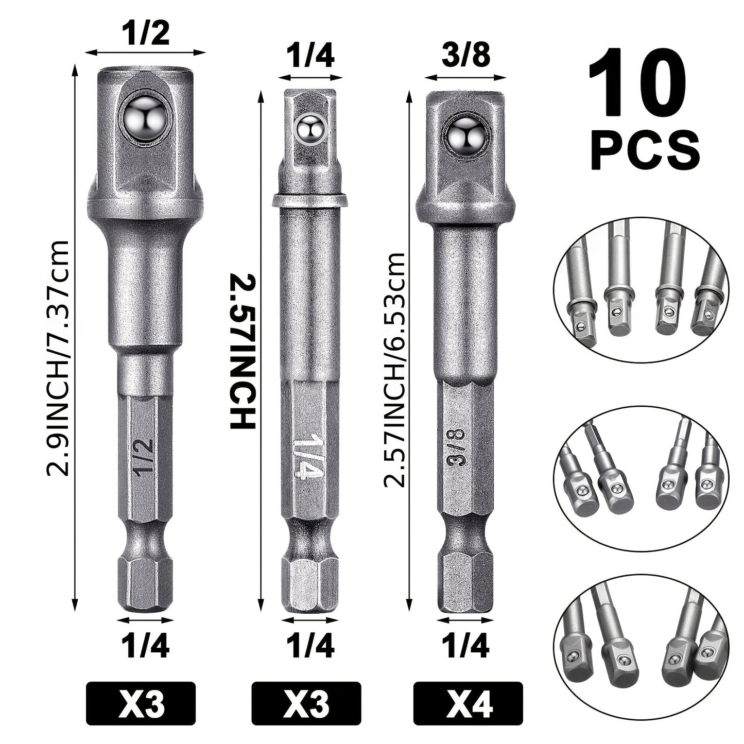 Impact Socket Adapter Set 1/2 3/8 1/4 Inch - Hex Shank to Square Drive Bit Adapter for Impact Driver & Drill, Automotive DIY Tool Extension