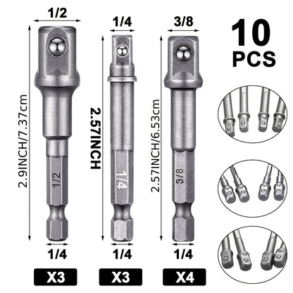 Impact Socket Adapter Set 1/2 3/8 1/4 Inch - Hex Shank to Square Drive Bit Adapter for Impact Driver & Drill, Automotive DIY Tool Extension