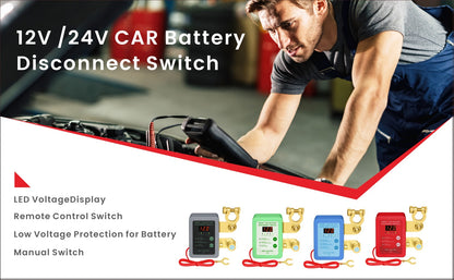 Car Battery Auto Power Off Switch with LED Voltage Display - 12V/24V Anti-Drain Protection, Low Voltage Alarm, 240A Remote Control Battery Disconnect
