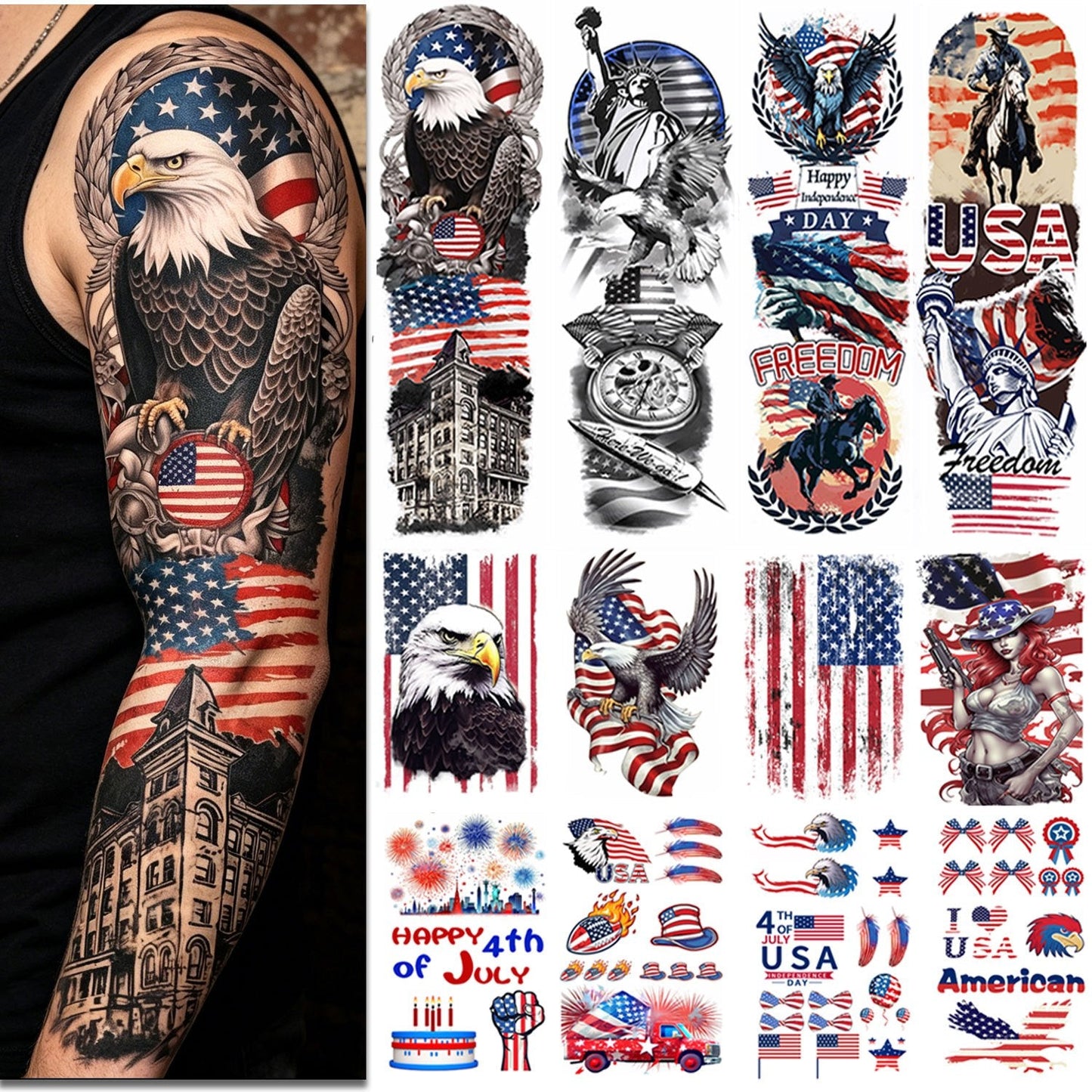 4th of July Temporary Tattoos 14 Sheets Patriotic American Flag Sleeve Tattoo Stickers Red White Blue Independence Day Body Art Party Supplies for Men Women Adults