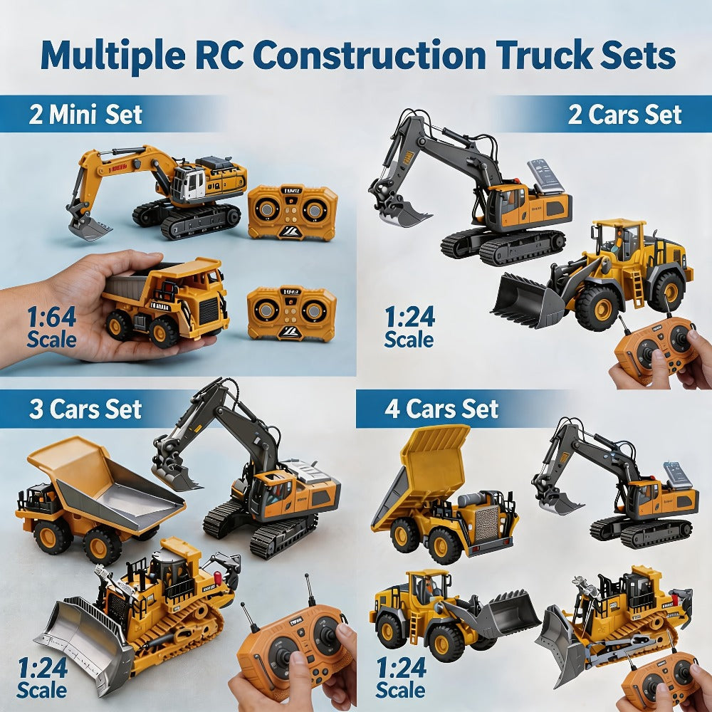 RC Construction Vehicle Set 2.4G 11-Channel Remote Control Excavator Dump Truck Bulldozer | 1:24 & 1:64 Alloy Engineering Toy | 2-in-1, 3-in-1, 4-in-1 Kit for Kids Adults