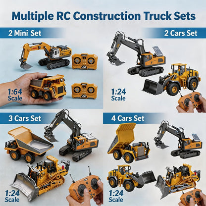 RC Construction Vehicle Set 2.4G 11-Channel Remote Control Excavator Dump Truck Bulldozer | 1:24 & 1:64 Alloy Engineering Toy | 2-in-1, 3-in-1, 4-in-1 Kit for Kids Adults