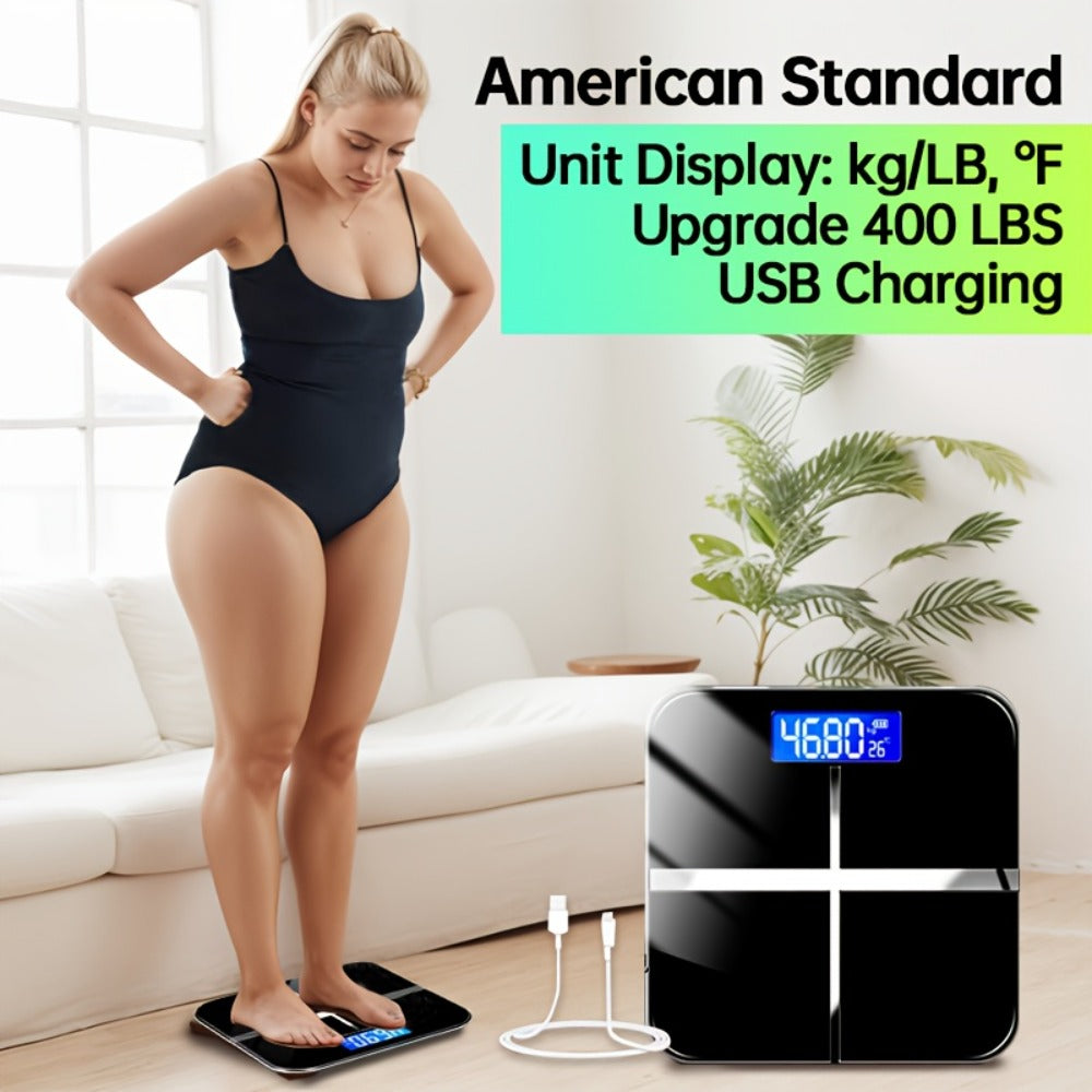 USB Rechargeable Bathroom Scale 400lb – Smart Digital Body Weight Scale, HD LCD & Fahrenheit Temperature Display, kg/lb Switch, Ultra-Wide Platform, USB Charging or Battery Powered, Black & Pink