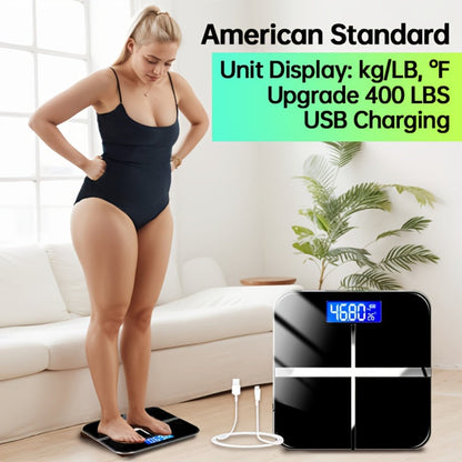 USB Rechargeable Bathroom Scale 400lb – Smart Digital Body Weight Scale, HD LCD & Fahrenheit Temperature Display, kg/lb Switch, Ultra-Wide Platform, USB Charging or Battery Powered, Black & Pink