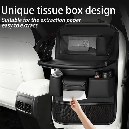 Car Backseat Organizer with Foldable Table Tray & Tablet Holder – PU Leather Seat Back Protector Kick Mat, Multi-Pocket Storage for Kids & Travel