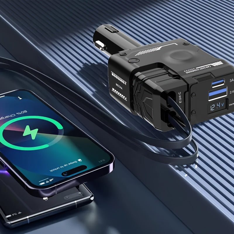 Mech Style Super Fast Car Charger, 4 In 1 Retractable Car Phone Charger 120W, Retractable Cables For Iphone And USB Car Charger, Compatible With for iphone 14/13/12/11, Galaxy, Pixel - For Ios And Android(Gift Magnetic Holders Included)