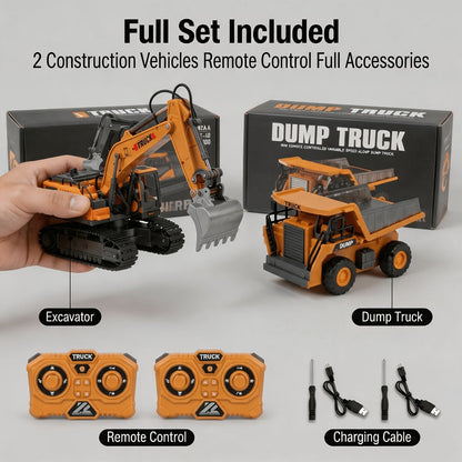 RC Construction Vehicle Set 2/3/4pcs – 2.4GHz 11-Channel Remote Control Excavator Dump Truck Bulldozer Alloy Engineering Toy for Boys Kids Ages 6+, Best Birthday Christmas Gift