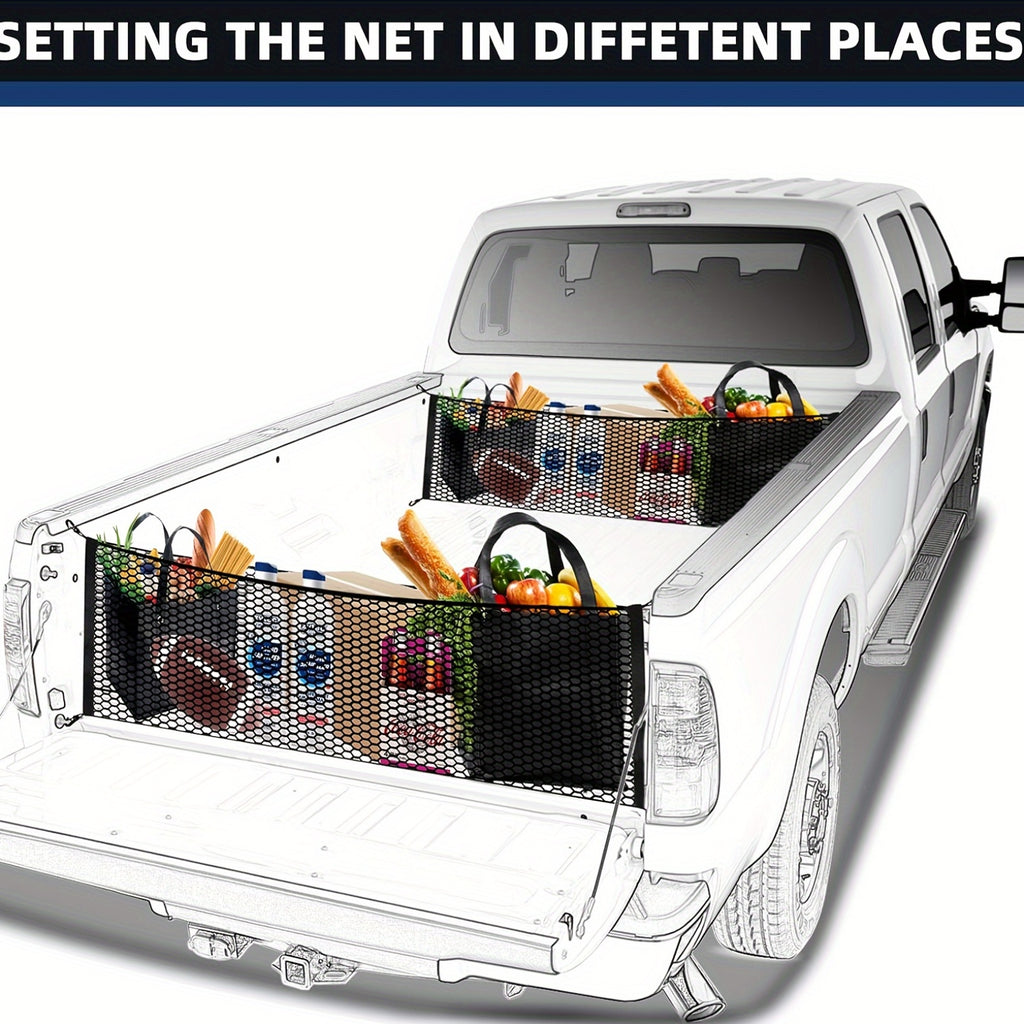 Elastic Mesh Net Organizer for Truck Bed Cargo, Featuring Hooks for Grocery Storage And Cargo Management in Pickup Trucks